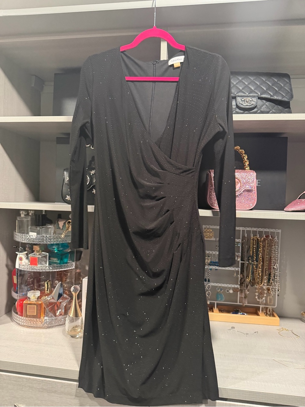 Calvin Klein Black Sparkle Ruched V-Neck Long Sleeve Dress